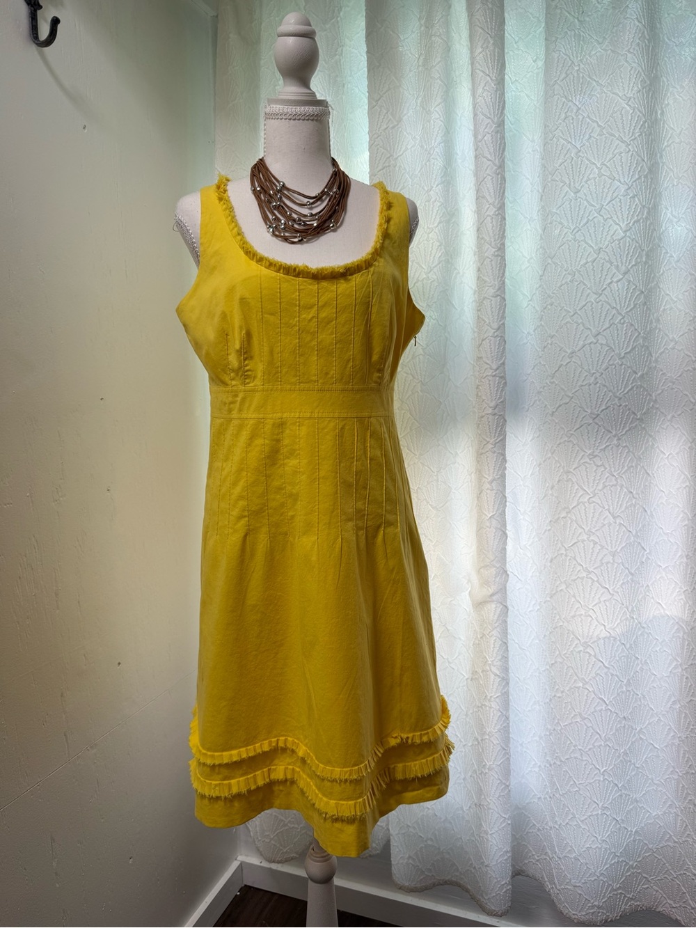 Tory Burch Yellow Sleeveless Midi Dress with Fringe Hem - Picture 7 of 10